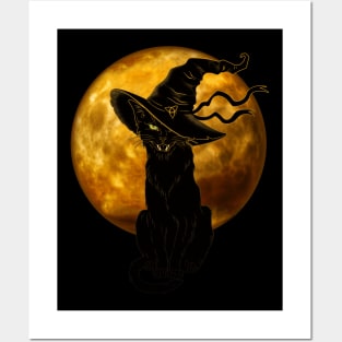 Beautiful Halloween Black Cat with Witch Hat and Full Moon Posters and Art